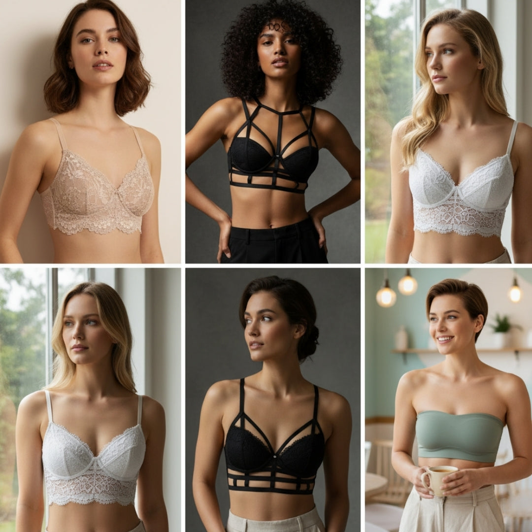 Editorial photo of a female model wearing a delicate floral lace bralette in a soft neutral tone, styled with minimal makeup and soft lighting against a clean background.